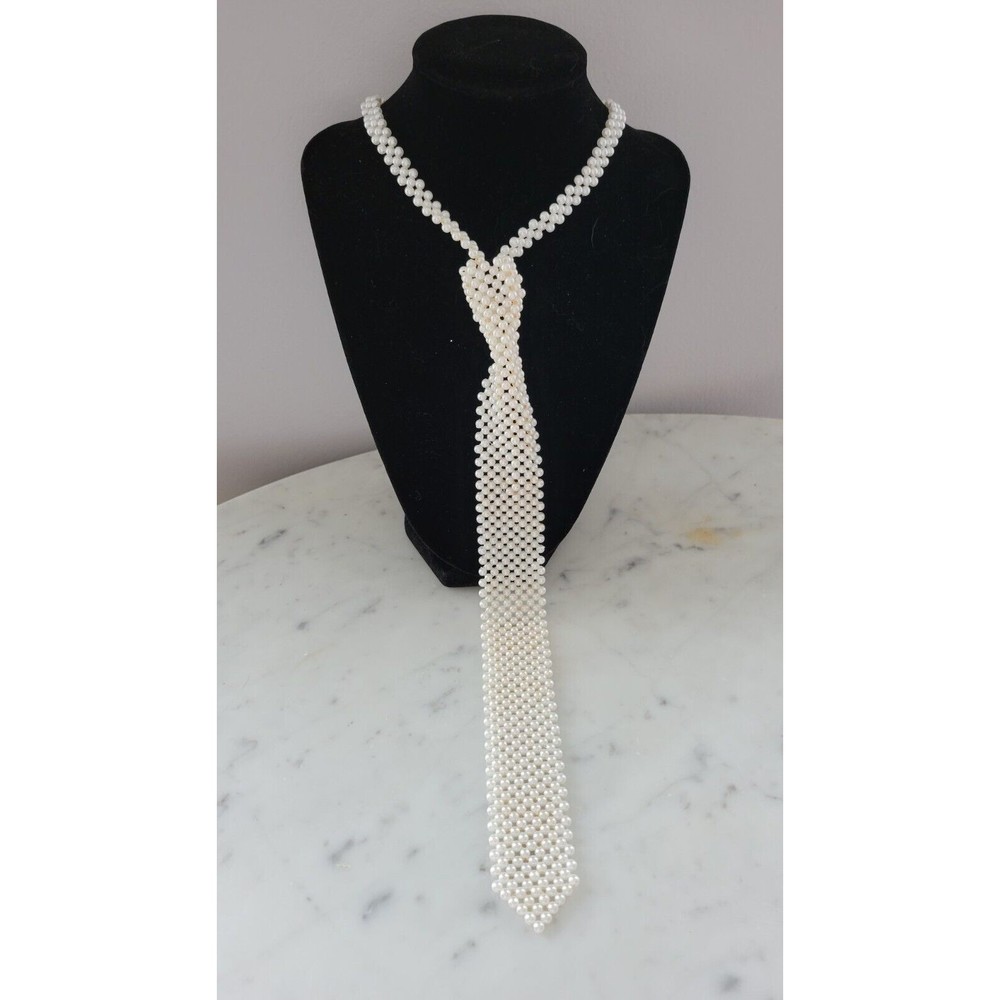 Vintage 80s Faux Beaded Pearls Necktie Necklace Choker Costume Jewlery Disco 12"